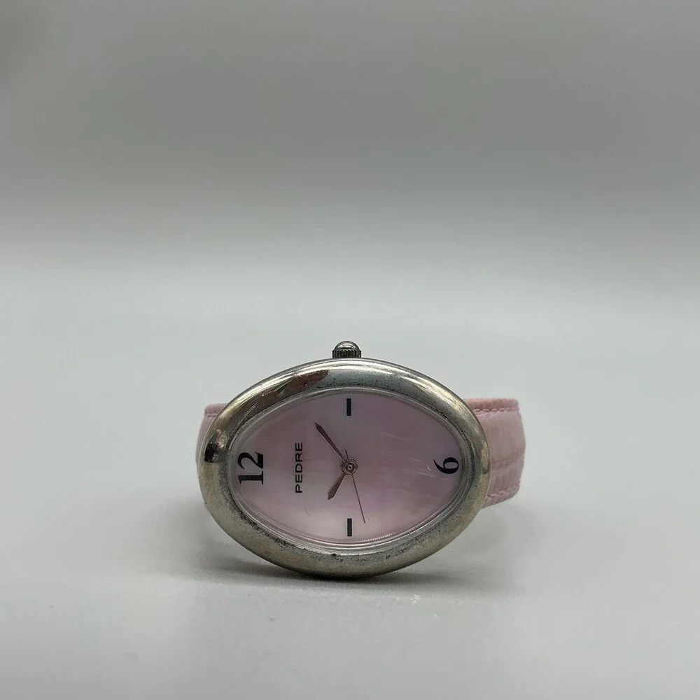 Pedre Womens Dress Watch 25mm Pink MOP Oval Silver Tone Leather New Battery